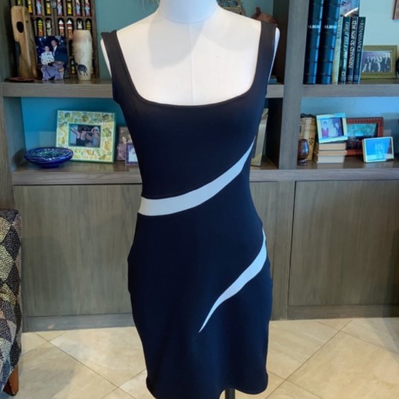 Bruno Duluc Little black dress with white wavy stripe design - Picture 1 of 3